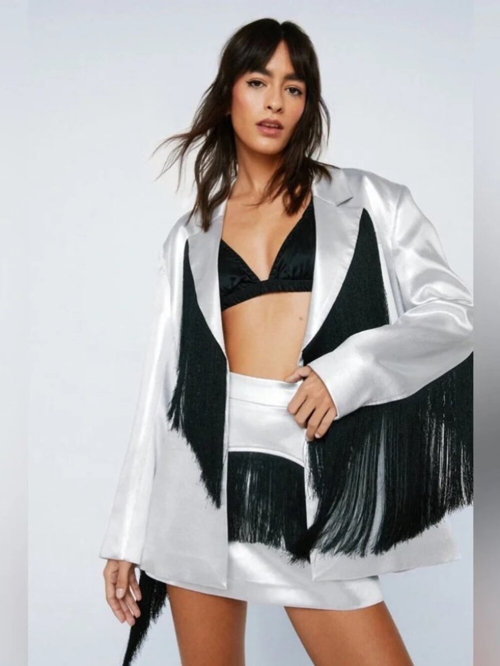 Shiny Silver Nasty Gal Premium Metallic / Black Fringe Statement Blazer Jacket